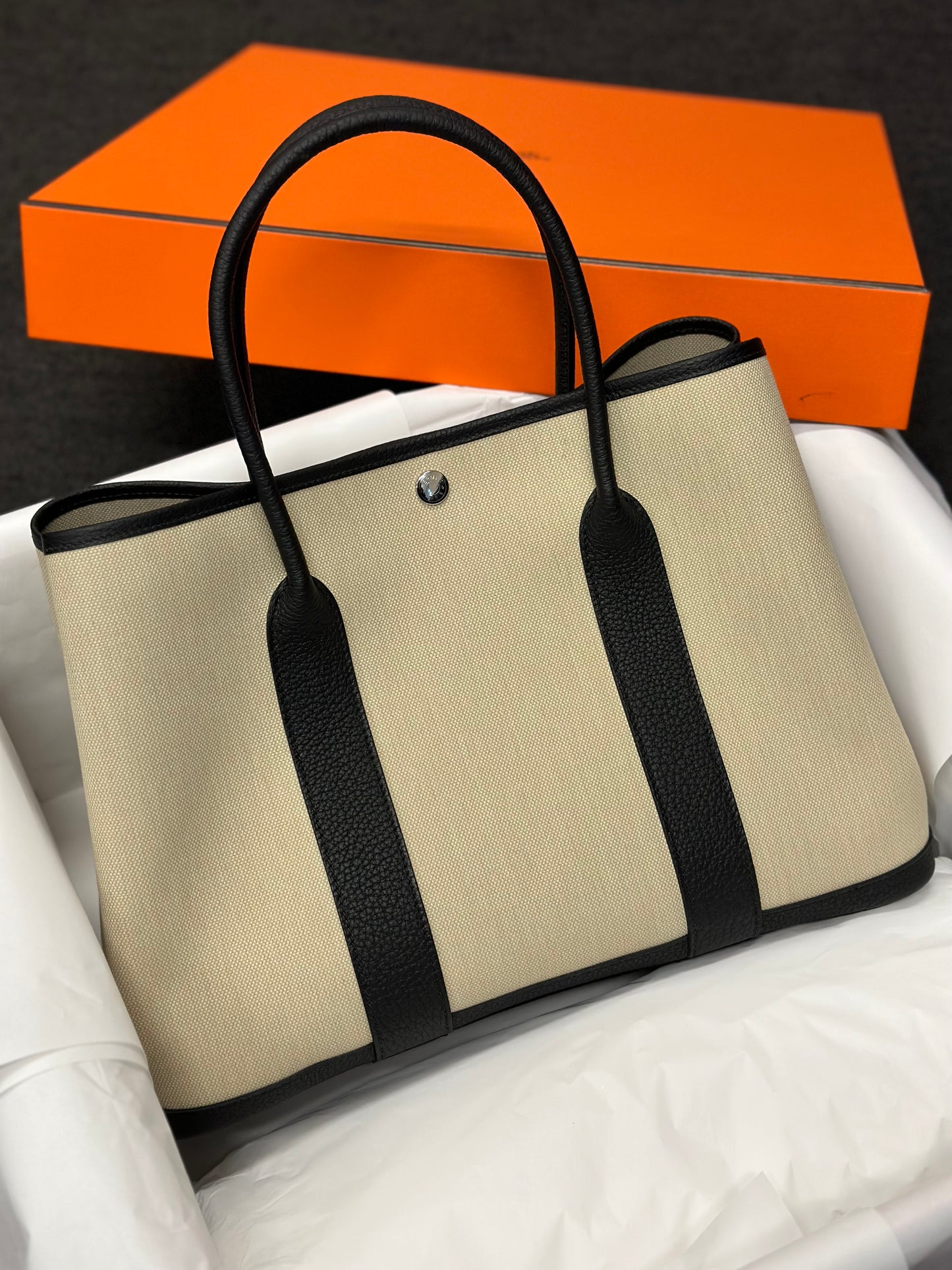 Hermes - Handbag - Garden party 36 toile Militaire/ veau Negonda - BETON / NOIR SHW - H069576CK BO - £1,880.00