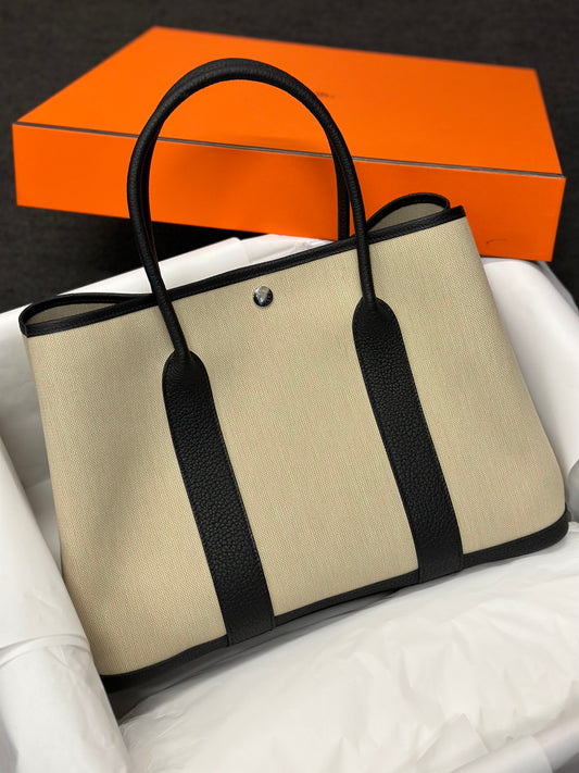 Hermes - Handbag - Garden party 36 toile Militaire/ veau Negonda - BETON / NOIR SHW - H069576CK BO - £1,880.00